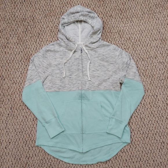 Tops - SO Full Zip Hoodie Colorblock Light Gray Heather & Teal Size Large Sweatshirt